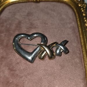Vintage Silver and Gold-toned Heart , Hugs And Kisses Brooch C1980s
